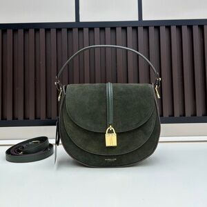 DeMellier Dark Green Suede Saddle Bag with Gold Padlock
